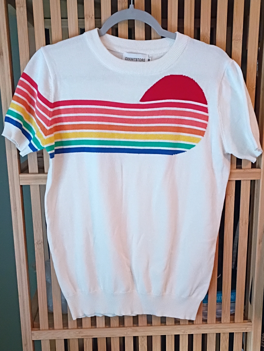OXKNIT 70s Retro "Colors for Sunrise" Rainbow Knit T-Shirt - Cream/White, Size M